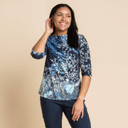 Christopher & Banks Women's Embellished Swirl Print Boat Neck ¾ Sleeve Tee