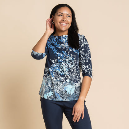 Christopher & Banks Women's Embellished Swirl Print Boat Neck ¾ Sleeve Tee