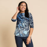 Christopher & Banks Women's Embellished Swirl Print Boat Neck ¾ Sleeve Tee