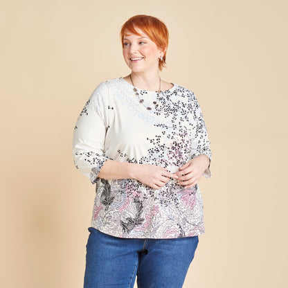 Christopher & Banks Women's Embellished Swirl Print Boat Neck ¾ Sleeve Tee