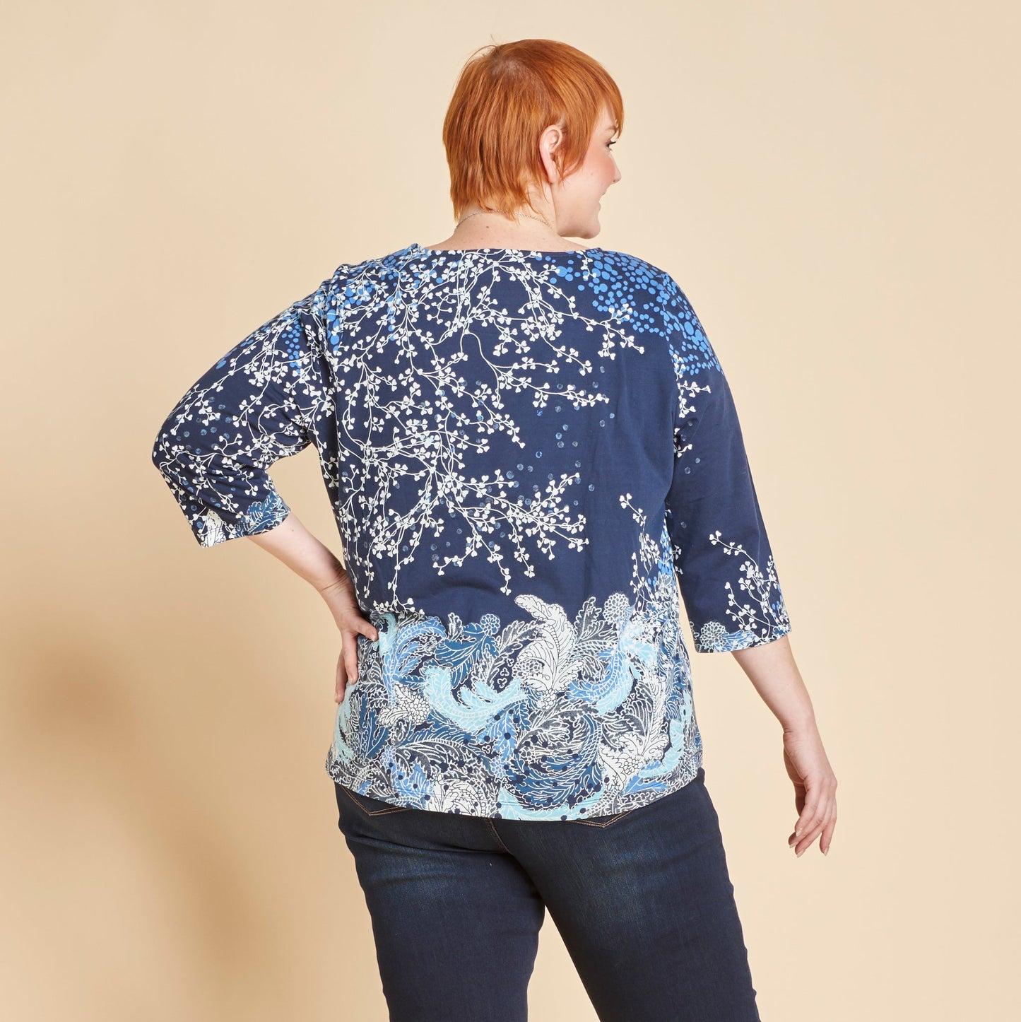 Christopher & Banks Women's Embellished Swirl Print Boat Neck ¾ Sleeve Tee