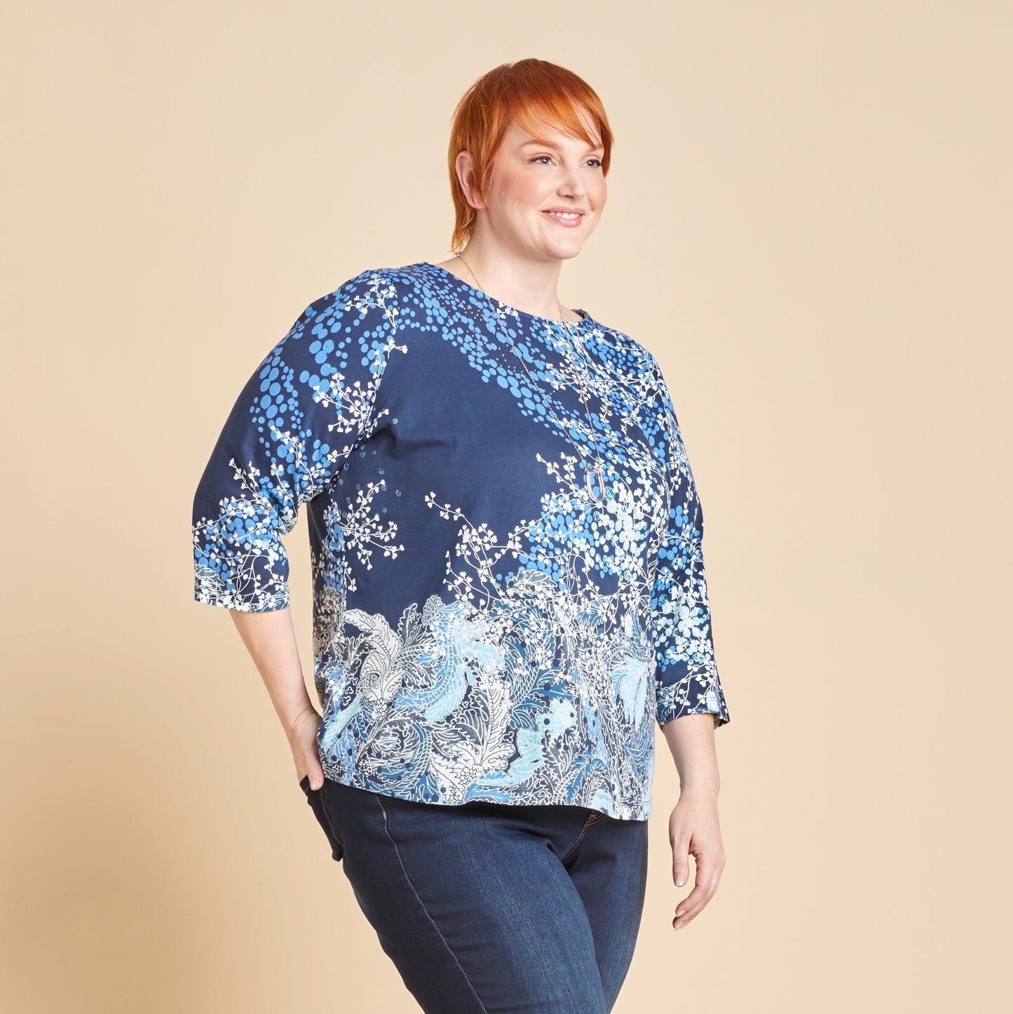 Christopher & Banks Women's Embellished Swirl Print Boat Neck ¾ Sleeve Tee