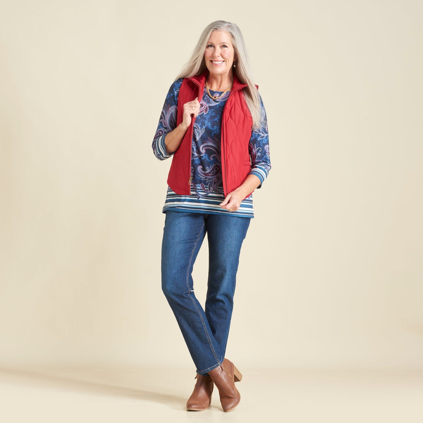 Christopher & Banks Paisley Border Print Jewel Neck Tee
