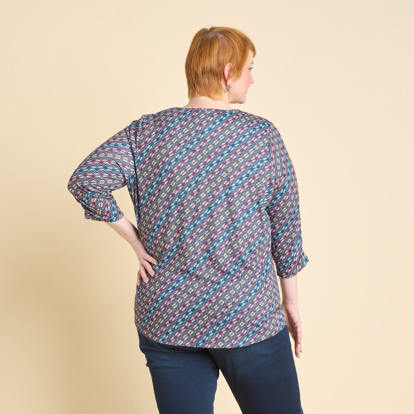 Christopher & Banks Diagonal Geo Print Keyhole Neck 3/4 Sleeve Tee