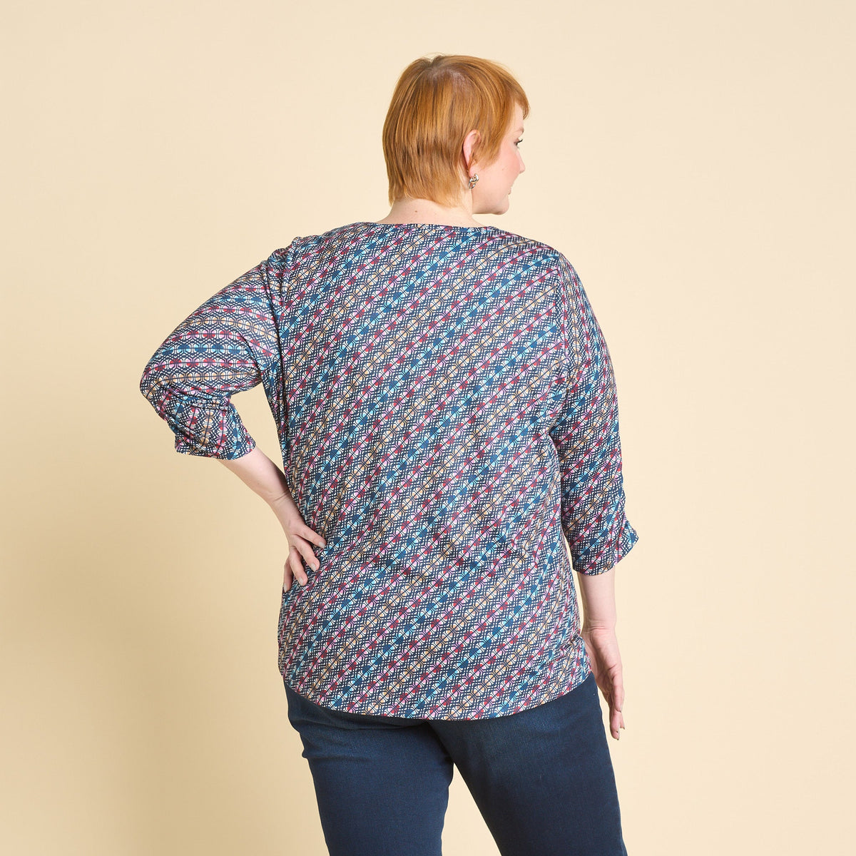 Christopher & Banks Diagonal Geo Print Keyhole Neck 3/4 Sleeve Tee