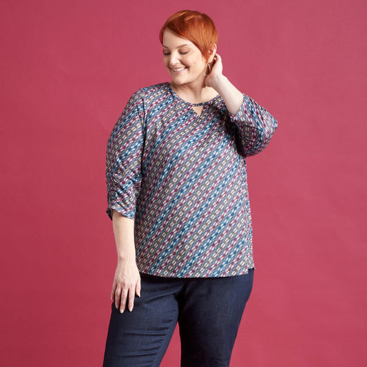 Christopher & Banks Diagonal Geo Print Keyhole Neck 3/4 Sleeve Tee