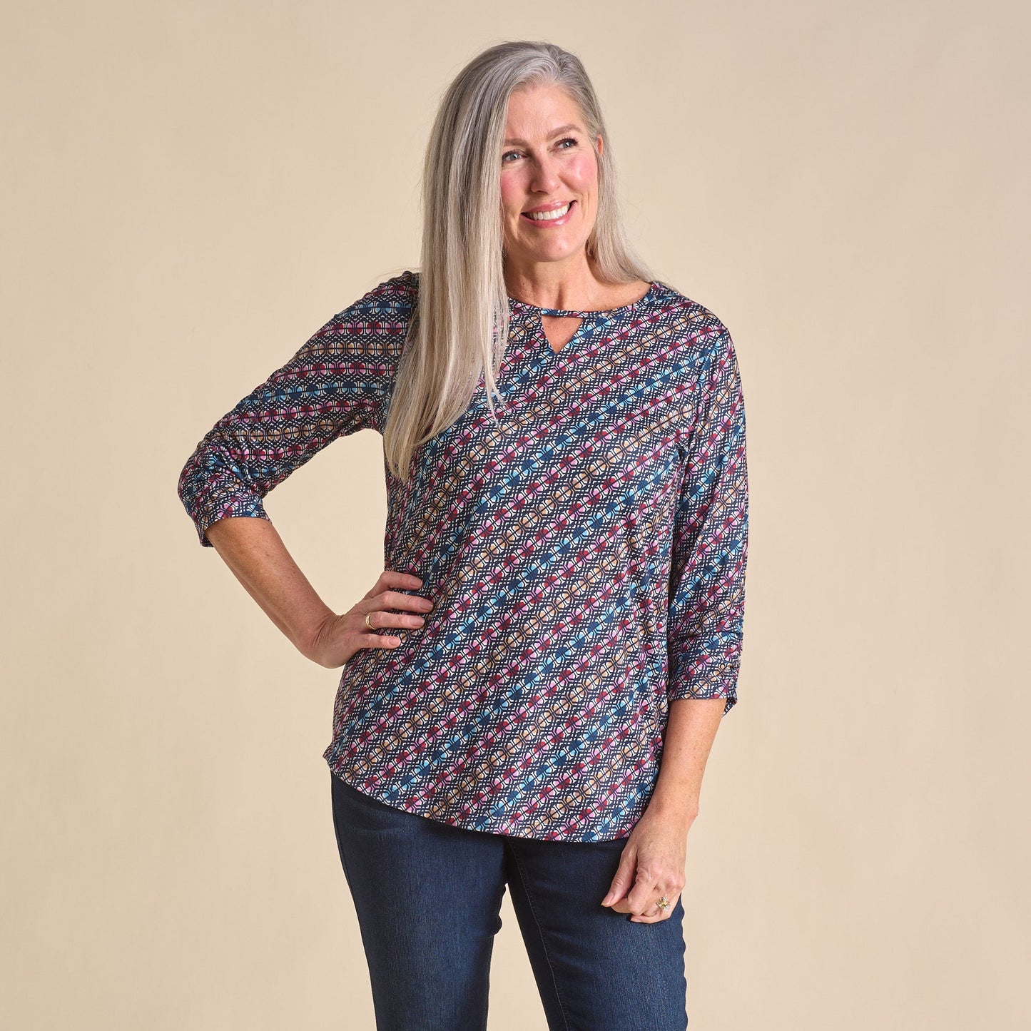 Christopher & Banks Diagonal Geo Print Keyhole Neck 3/4 Sleeve Tee
