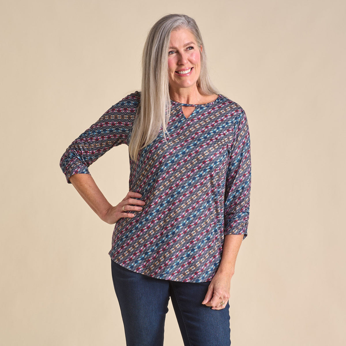 Christopher & Banks Diagonal Geo Print Keyhole Neck 3/4 Sleeve Tee