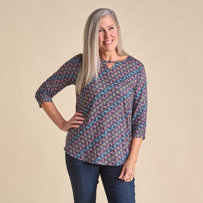Christopher & Banks Diagonal Geo Print Keyhole Neck 3/4 Sleeve Tee