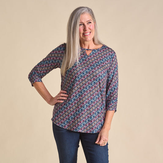 Christopher & Banks Diagonal Geo Print Keyhole Neck 3/4 Sleeve Tee