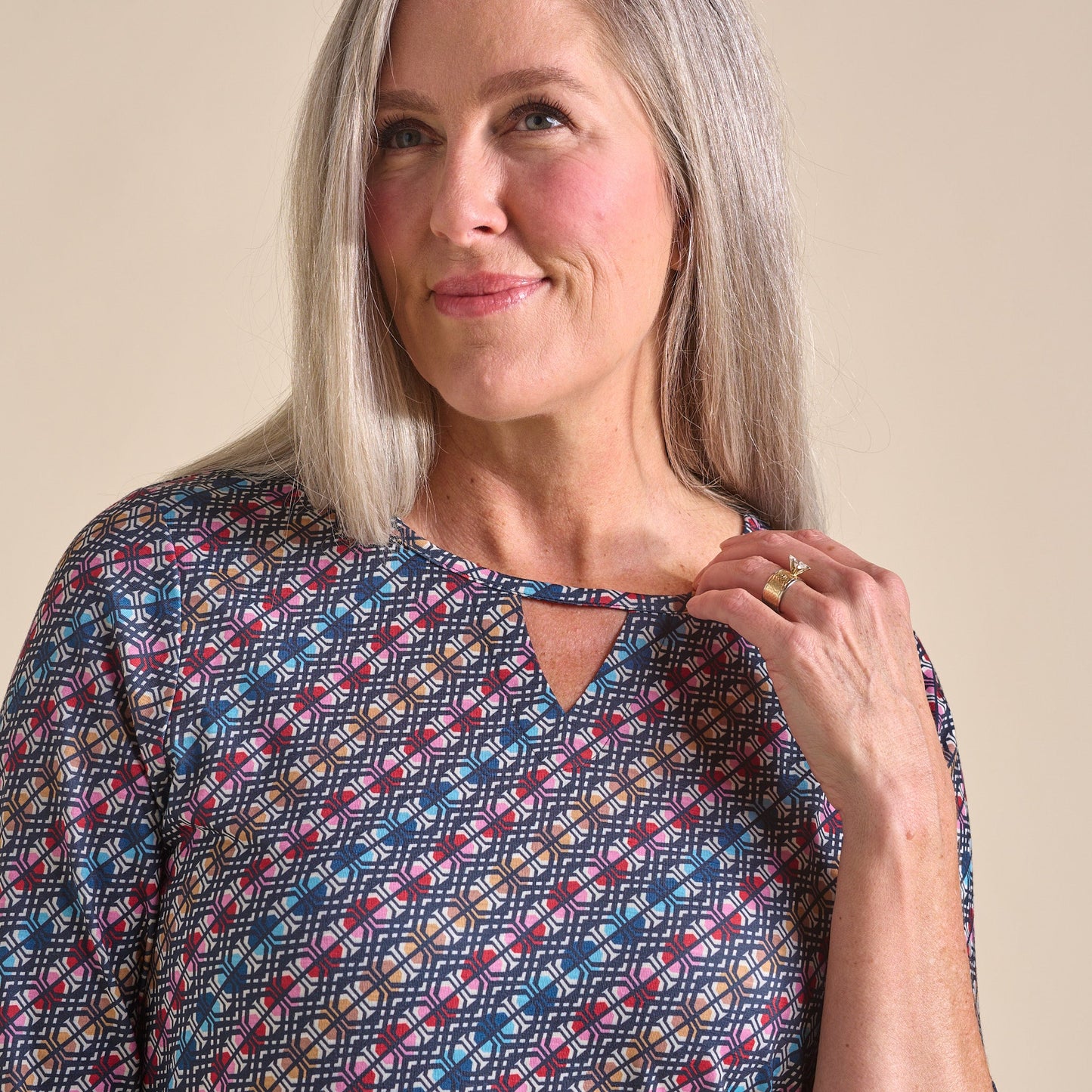 Christopher & Banks Diagonal Geo Print Keyhole Neck 3/4 Sleeve Tee