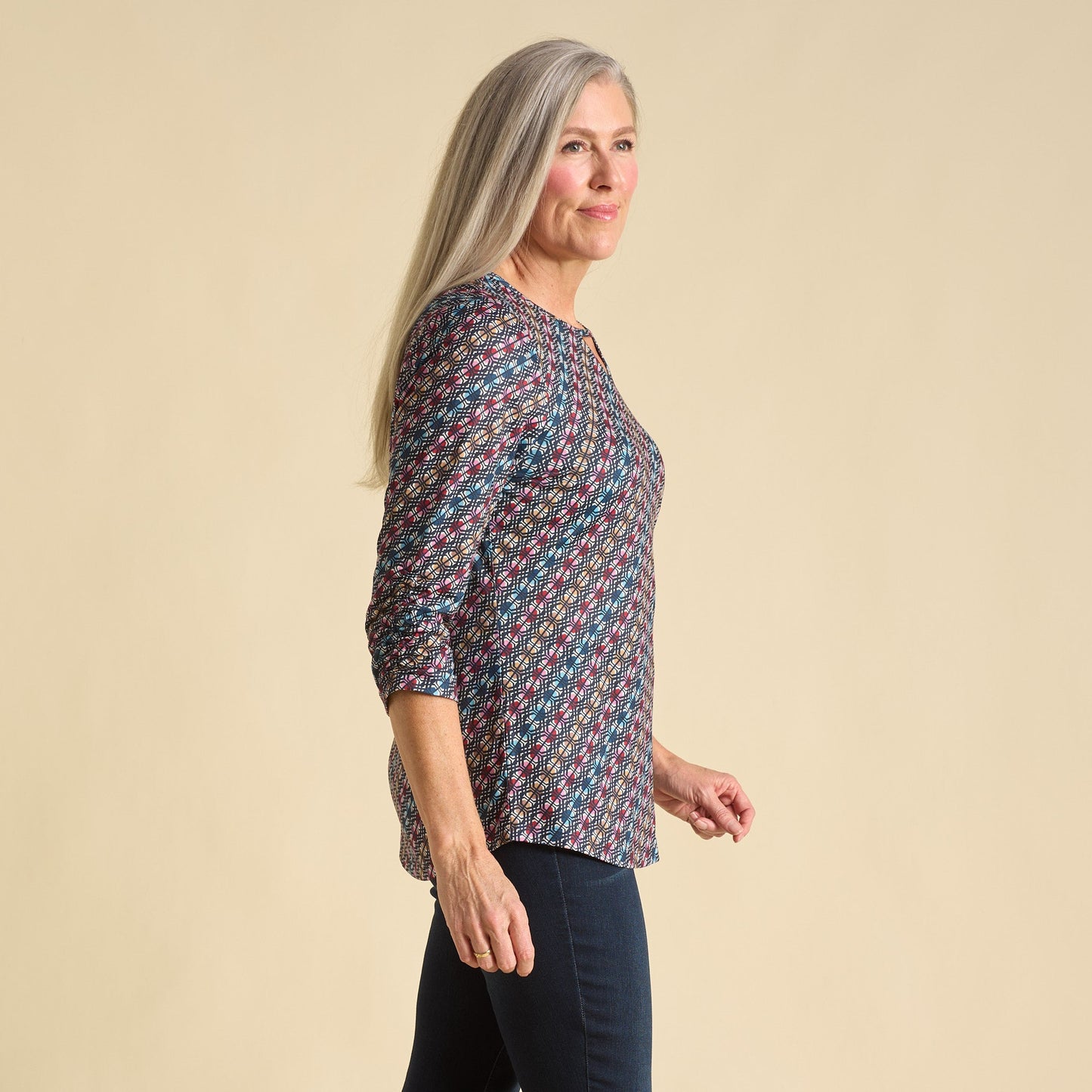 Christopher & Banks Diagonal Geo Print Keyhole Neck 3/4 Sleeve Tee