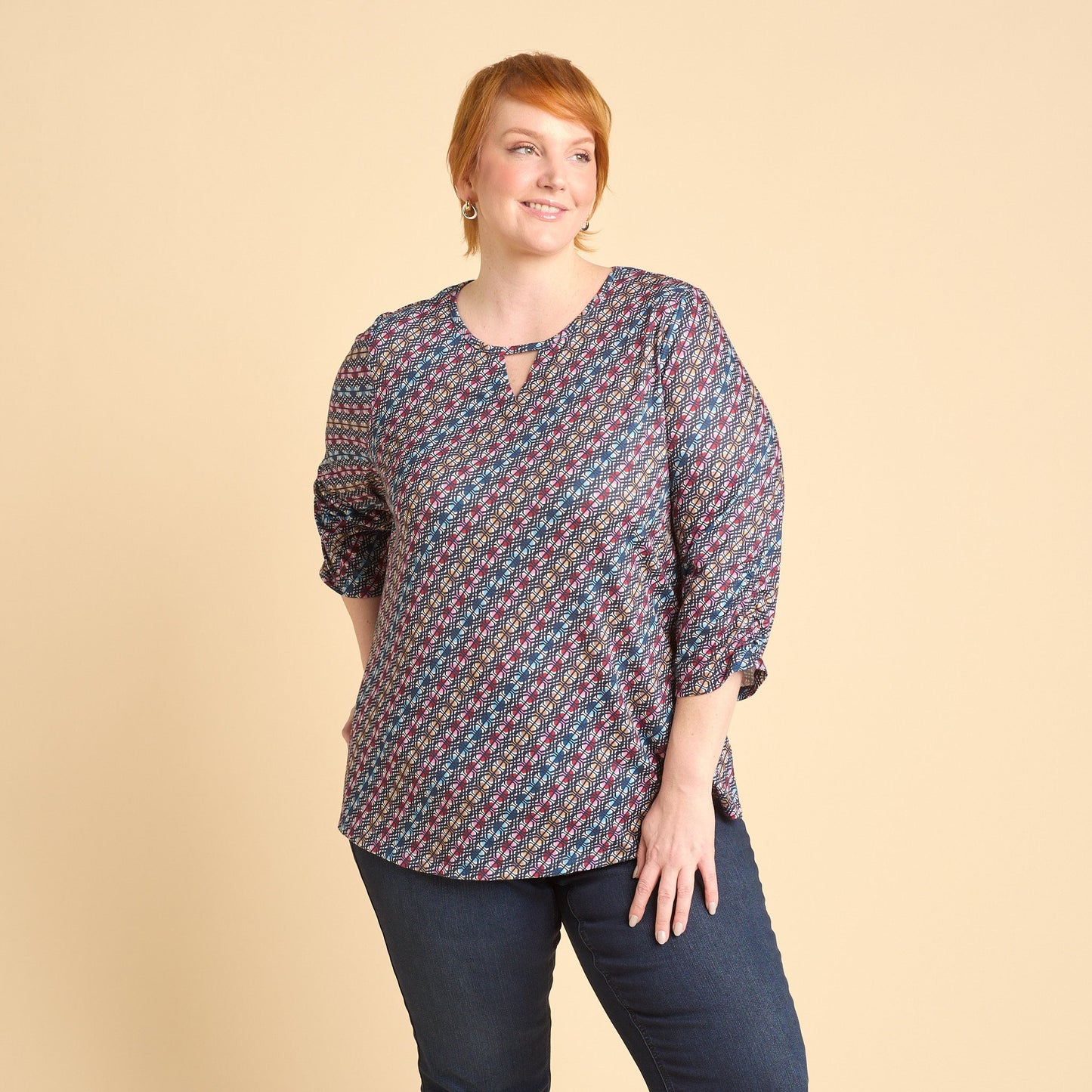 Christopher & Banks Diagonal Geo Print Keyhole Neck 3/4 Sleeve Tee