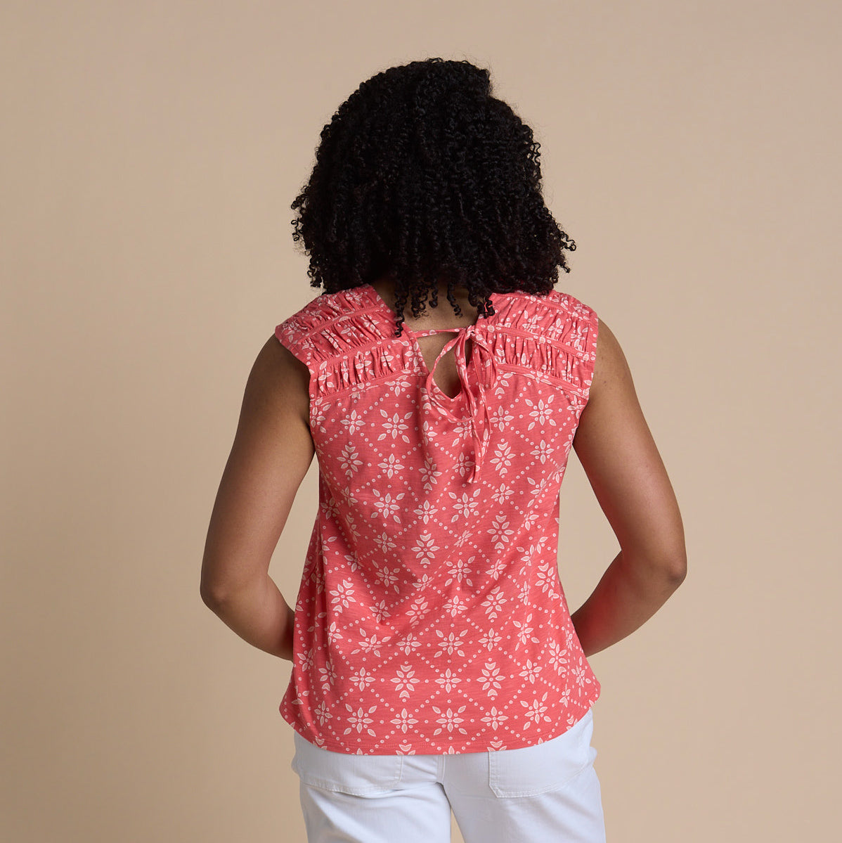 Christopher & Banks Women's Geo Eyelet Print Tie Back Sleeveless Tee