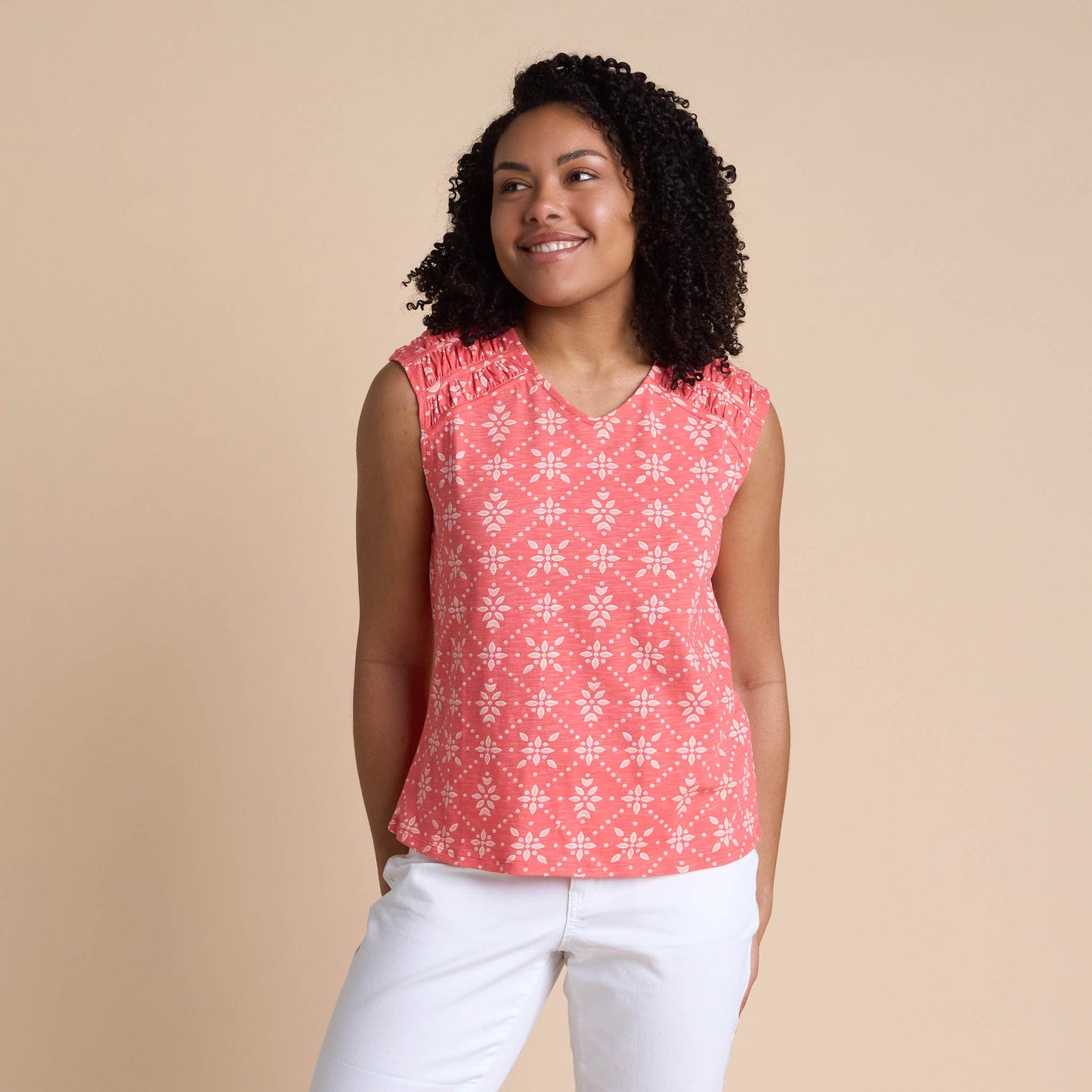 Christopher & Banks Women's Geo Eyelet Print Tie Back Sleeveless Tee
