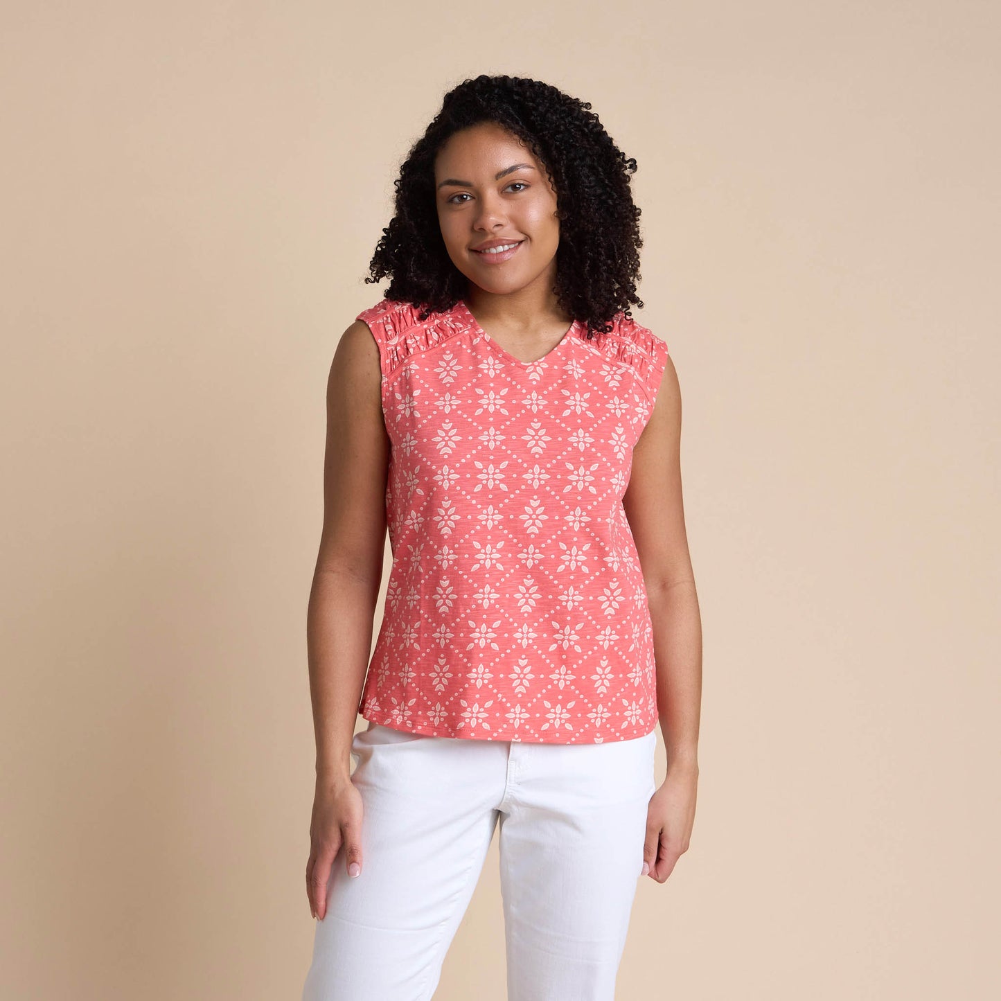 Christopher & Banks Women's Geo Eyelet Print Tie Back Sleeveless Tee