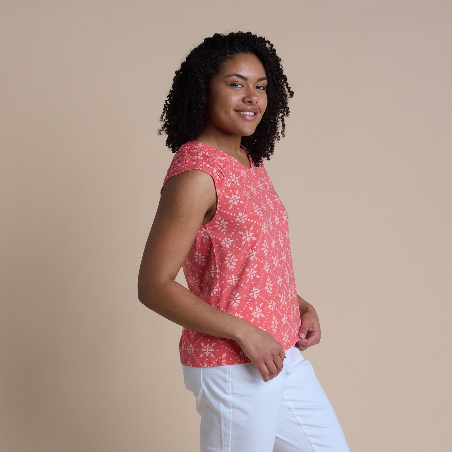 Christopher & Banks Women's Geo Eyelet Print Tie Back Sleeveless Tee