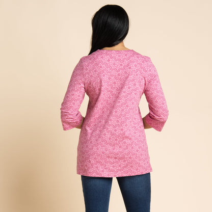 Christopher & Banks Women's Tonal Lace Print Notch Neck 3/4 Sleeve Top