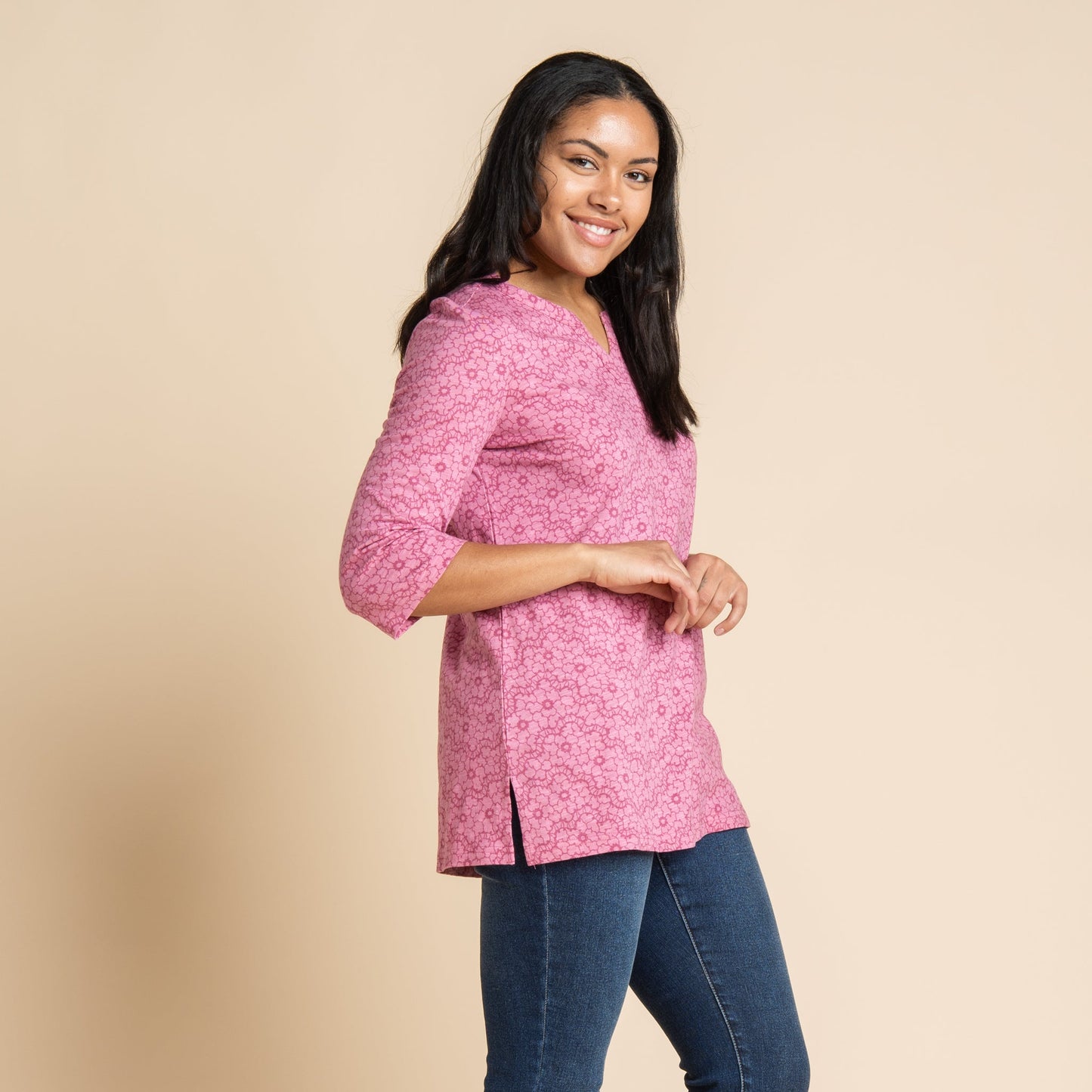 Christopher & Banks Women's Tonal Lace Print Notch Neck 3/4 Sleeve Top