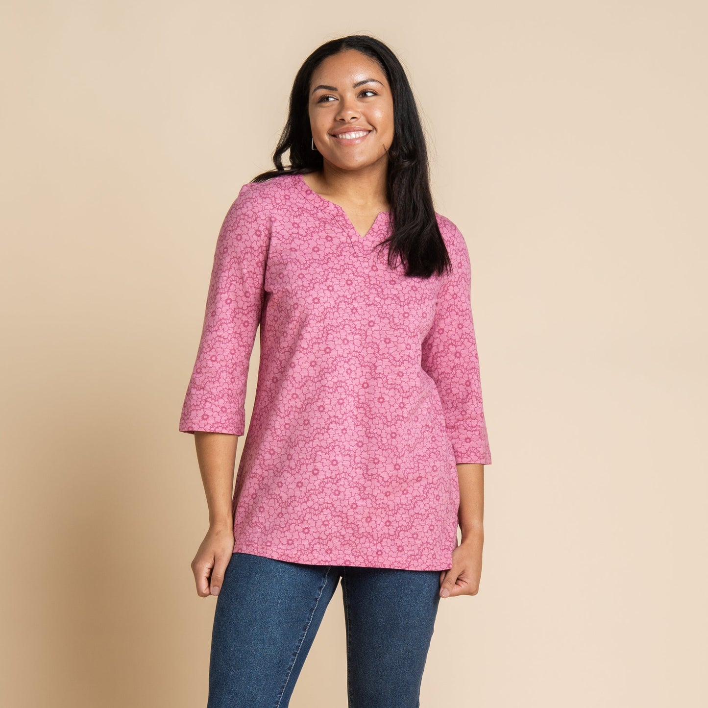 Christopher & Banks Women's Tonal Lace Print Notch Neck 3/4 Sleeve Top