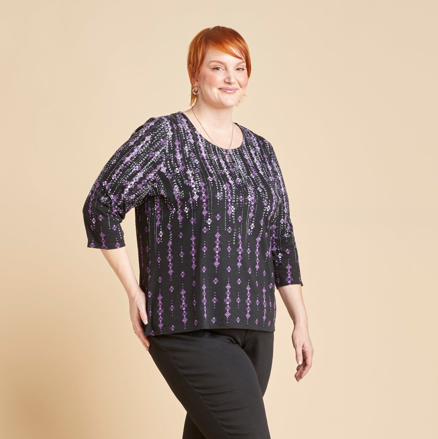 Christopher & Banks Abstract Print Scoop Neck ¾ Sleeve Tee