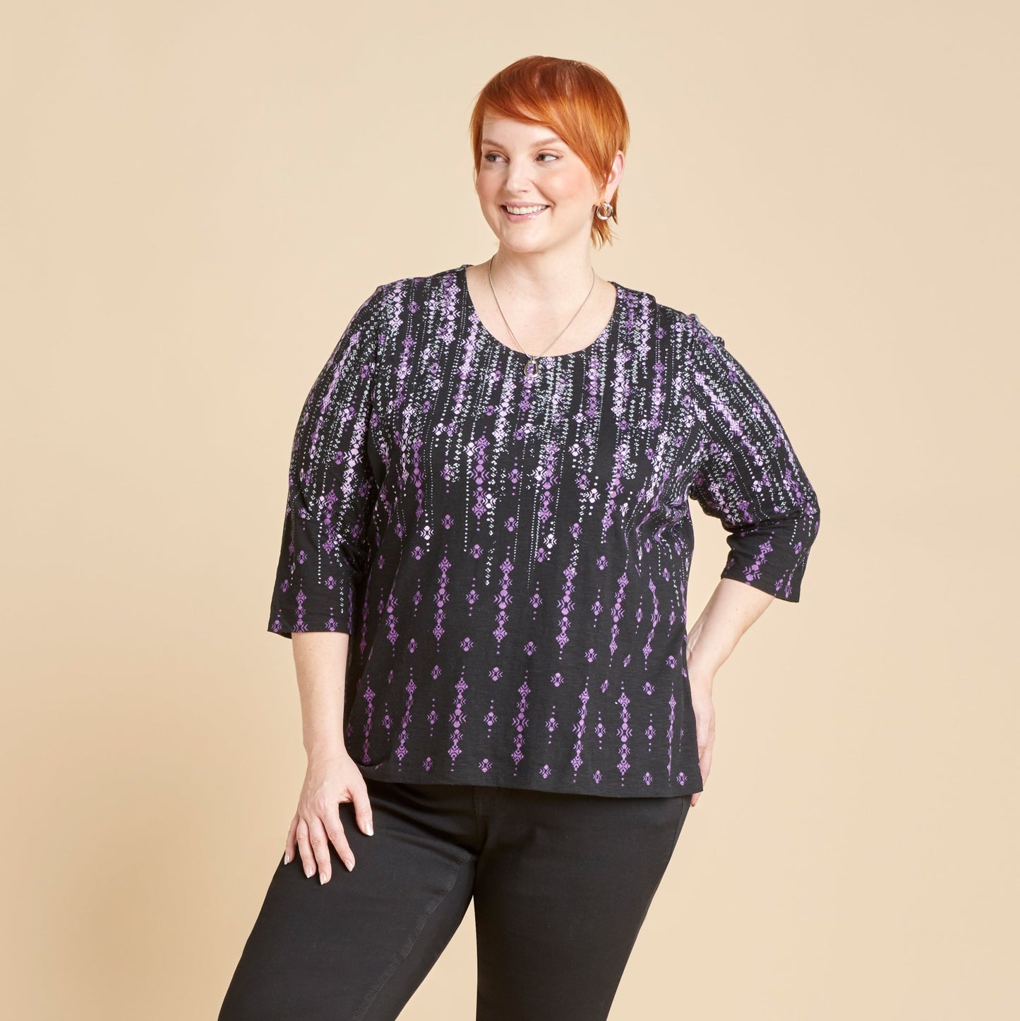 Christopher & Banks Abstract Print Scoop Neck ¾ Sleeve Tee