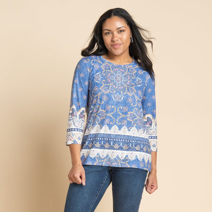 Christopher & Banks Medallion Border Print 3/4 Sleeve Burnout Tee