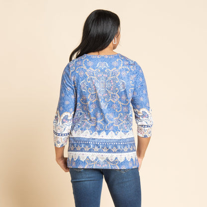 Christopher & Banks Medallion Border Print 3/4 Sleeve Burnout Tee