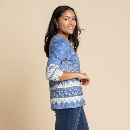 Christopher & Banks Medallion Border Print 3/4 Sleeve Burnout Tee