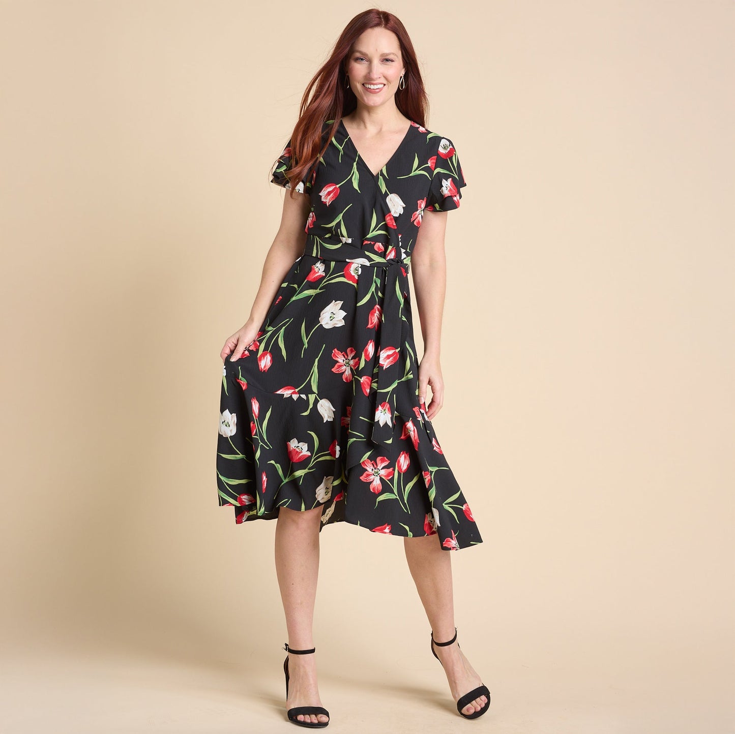 Christopher & Banks Women's Tulip Printed Faux Wrap Ruffle Dress