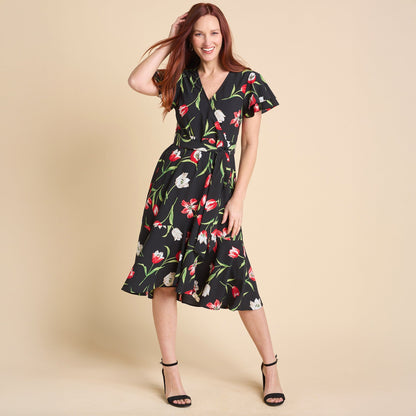 Christopher & Banks Women's Tulip Printed Faux Wrap Ruffle Dress