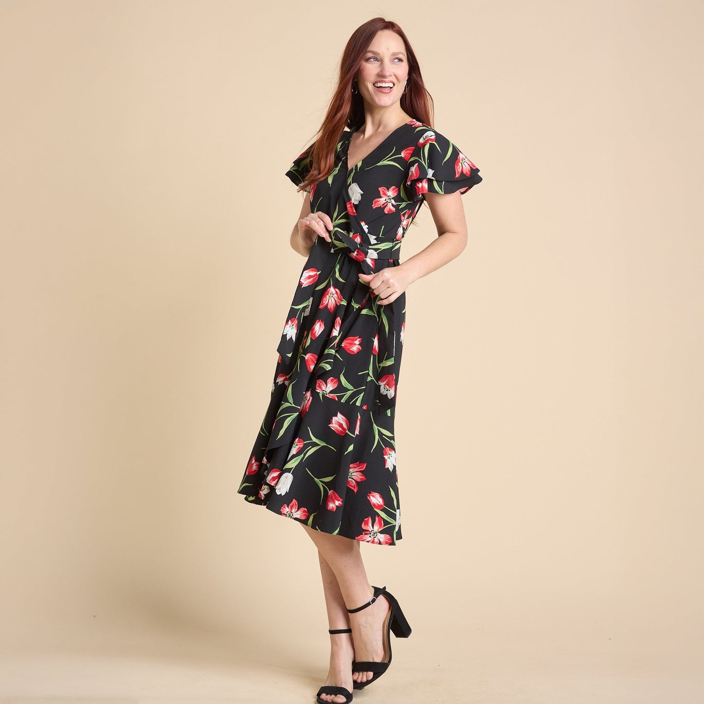 Christopher & Banks Women's Tulip Printed Faux Wrap Ruffle Dress