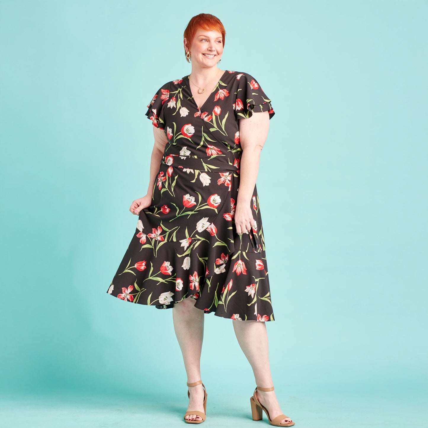 Christopher & Banks Women's Tulip Printed Faux Wrap Ruffle Dress