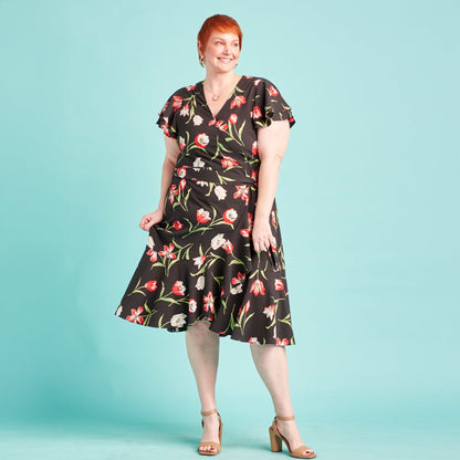 Christopher & Banks Women's Tulip Printed Faux Wrap Ruffle Dress