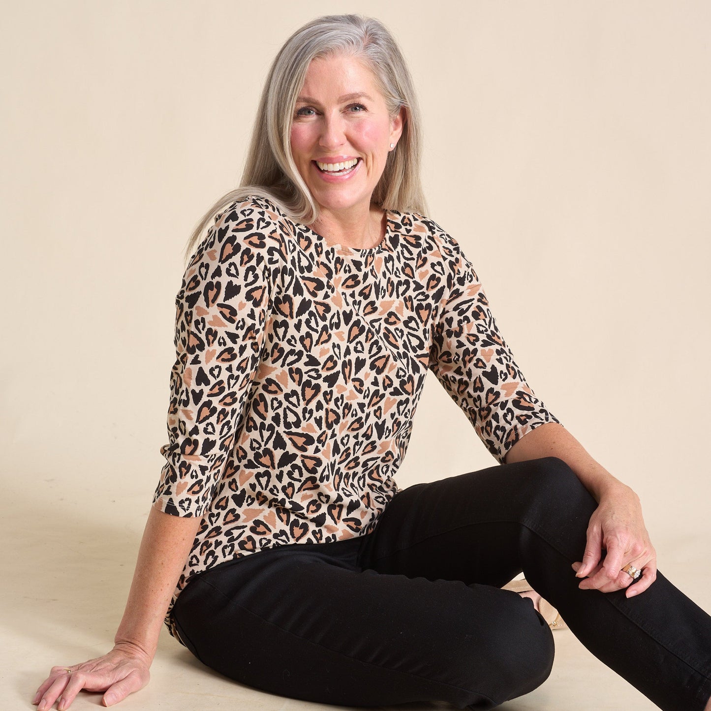 Christopher & Banks Abstract Animal Print Boatneck 3/4 Sleeve Tee