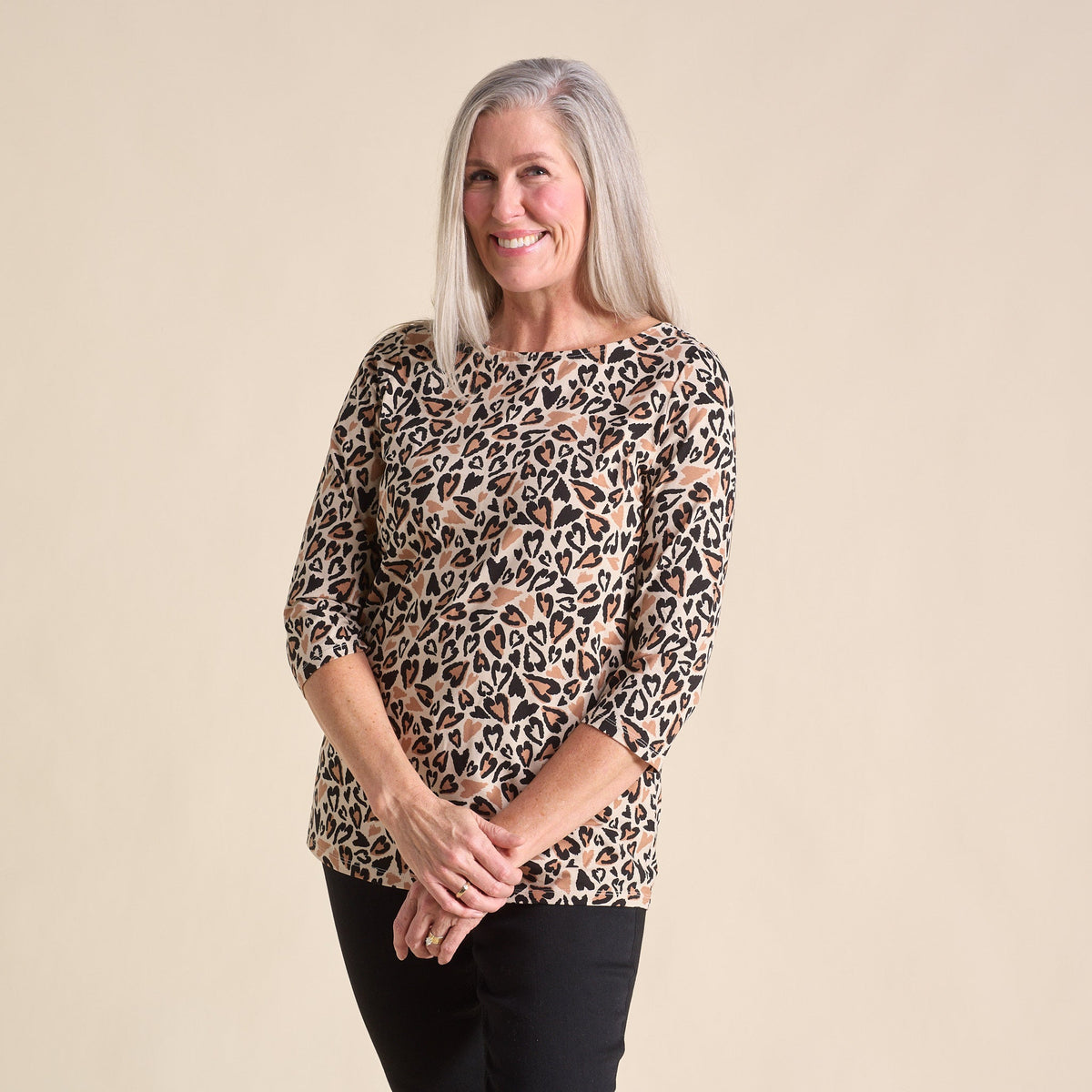 Christopher & Banks Abstract Animal Print Boatneck 3/4 Sleeve Tee