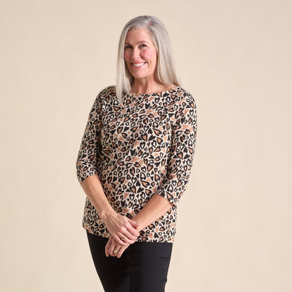 Christopher & Banks Abstract Animal Print Boatneck 3/4 Sleeve Tee