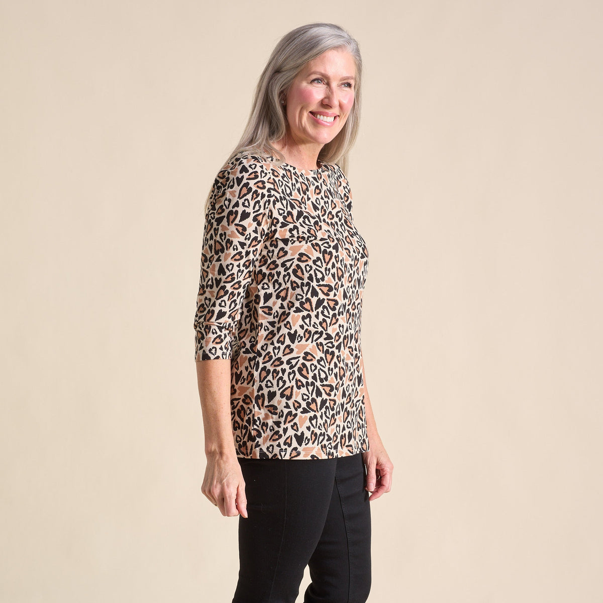 Christopher & Banks Abstract Animal Print Boatneck 3/4 Sleeve Tee