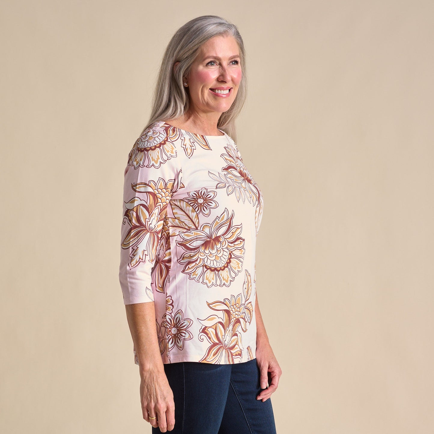 Christopher & Banks Floral Print Boatneck 3/4 Sleeve Tee