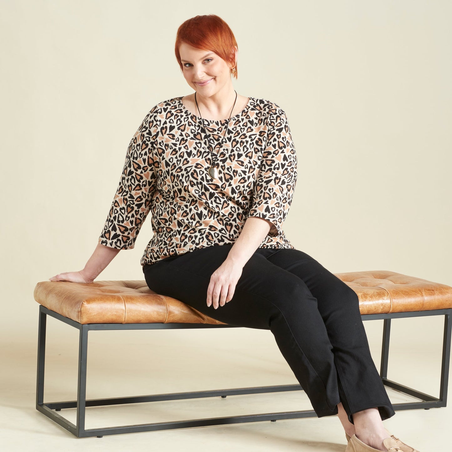 Christopher & Banks Abstract Animal Print Boatneck 3/4 Sleeve Tee