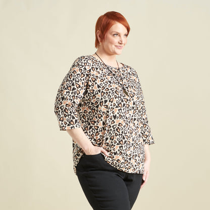 Christopher & Banks Abstract Animal Print Boatneck 3/4 Sleeve Tee
