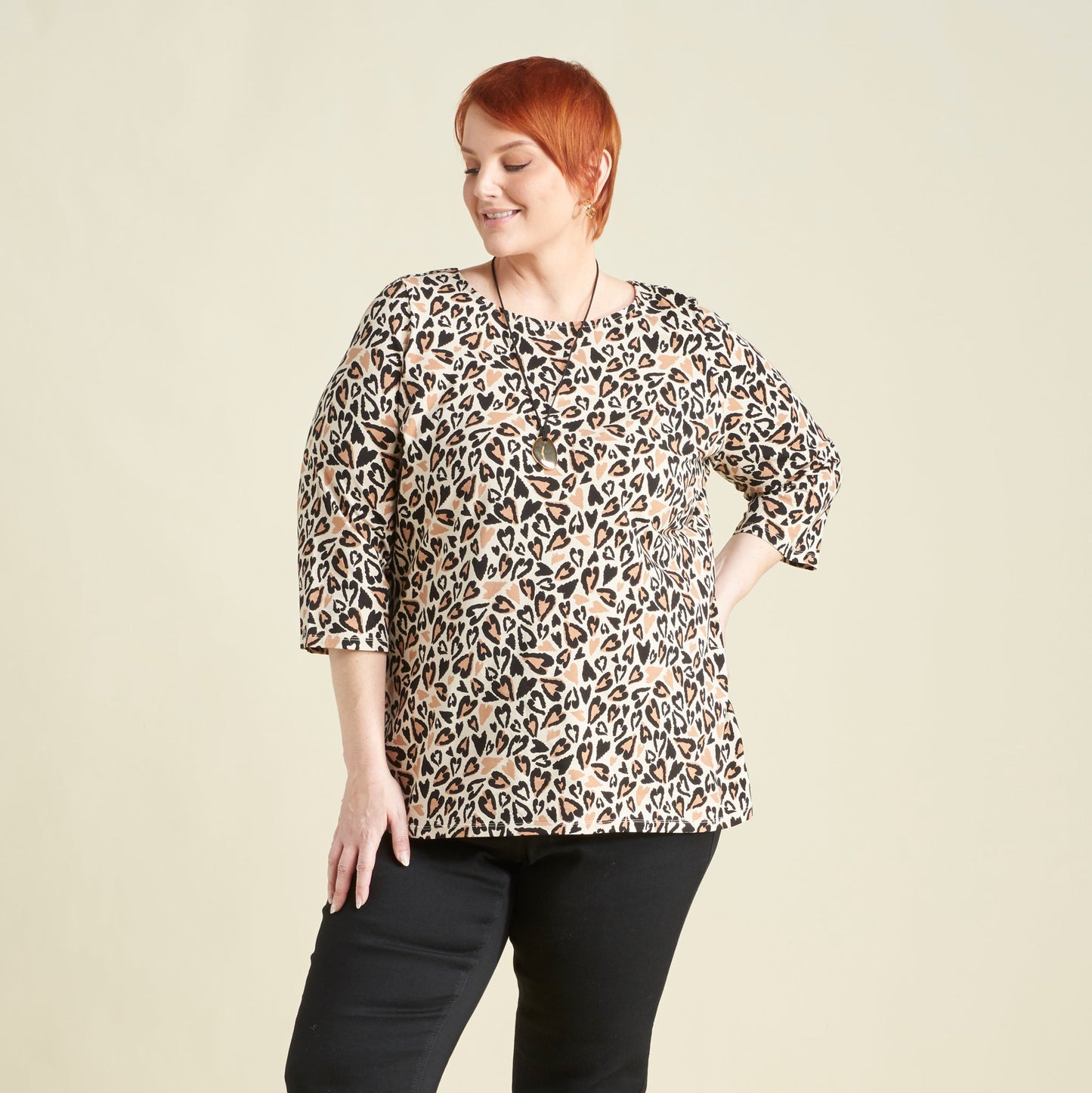 Christopher & Banks Abstract Animal Print Boatneck 3/4 Sleeve Tee