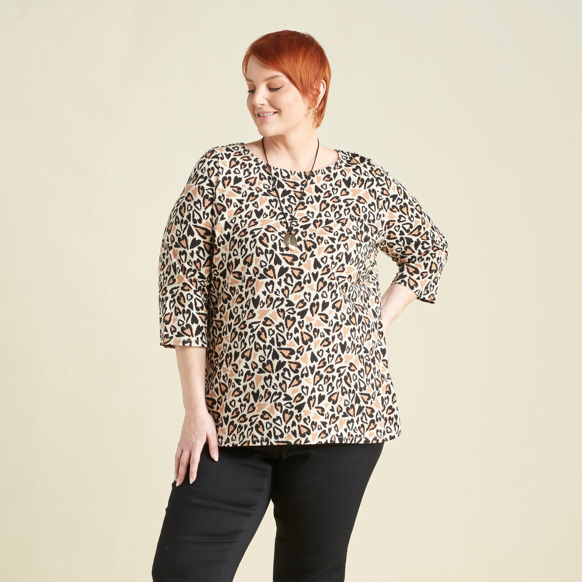 Christopher & Banks Abstract Animal Print Boatneck 3/4 Sleeve Tee