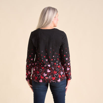 Christopher & Banks Women's Heart Print Jewel Neck Long Sleeve Tee