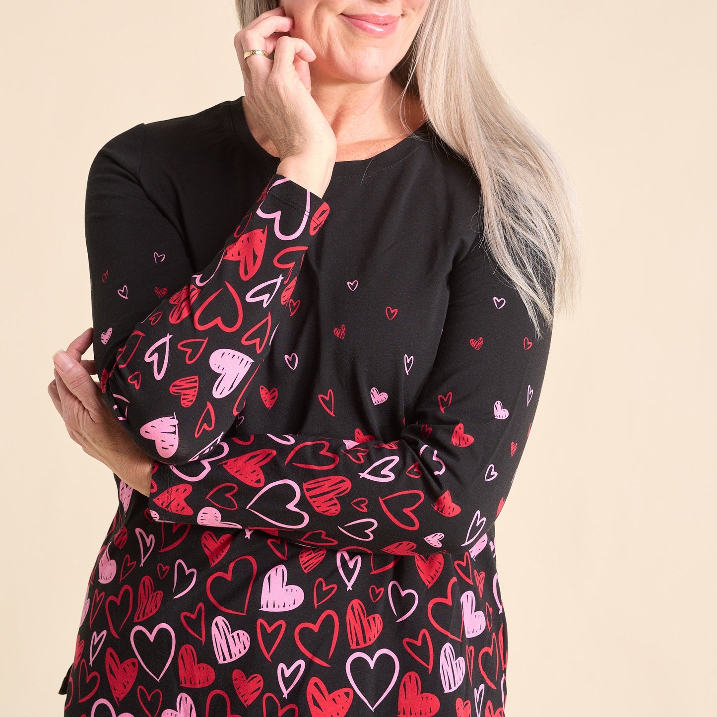 Christopher & Banks Women's Heart Print Jewel Neck Long Sleeve Tee