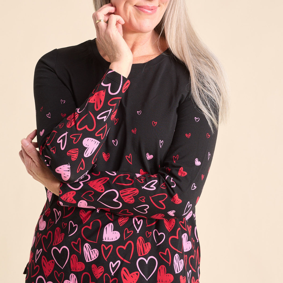 Christopher & Banks Women's Heart Print Jewel Neck Long Sleeve Tee