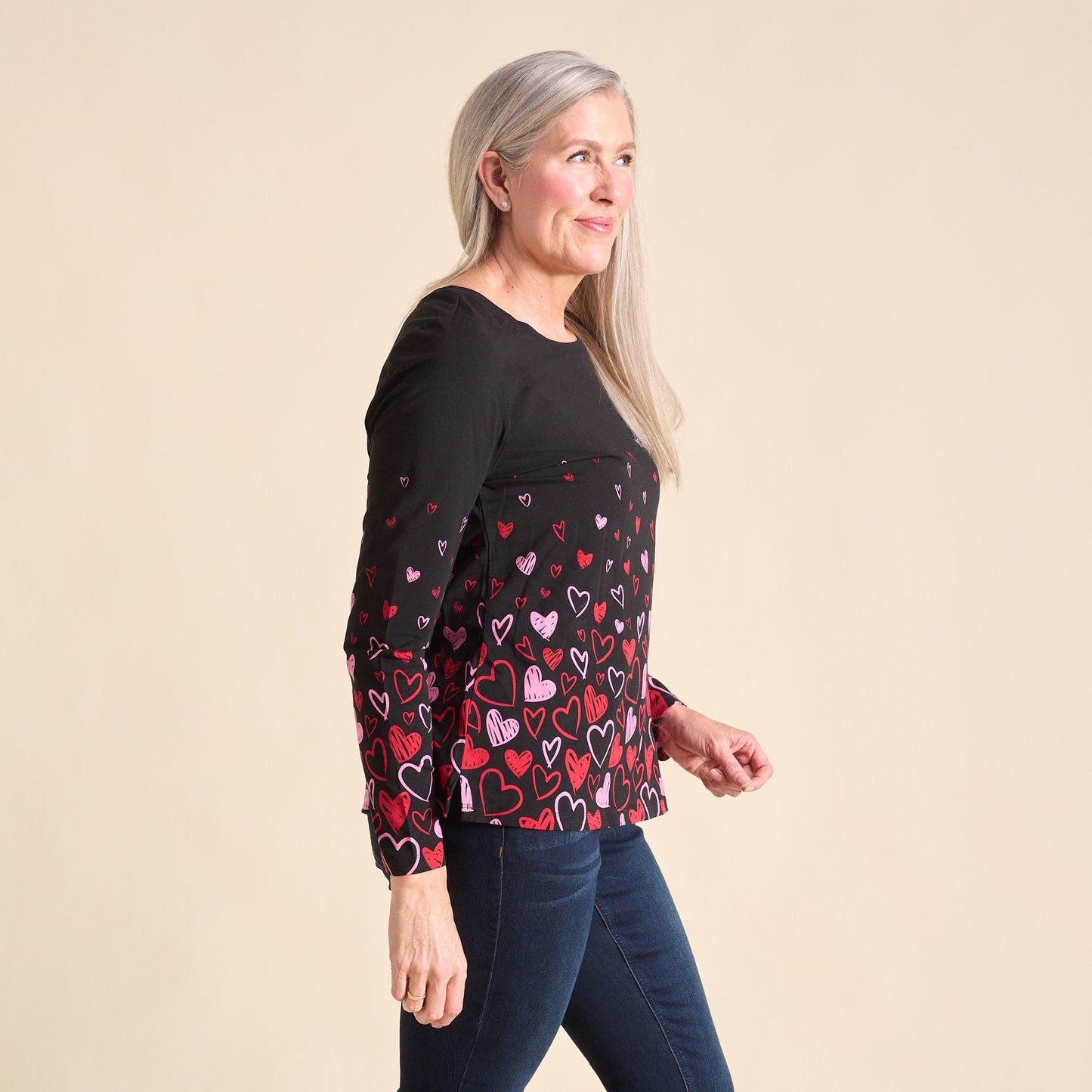 Christopher & Banks Women's Heart Print Jewel Neck Long Sleeve Tee