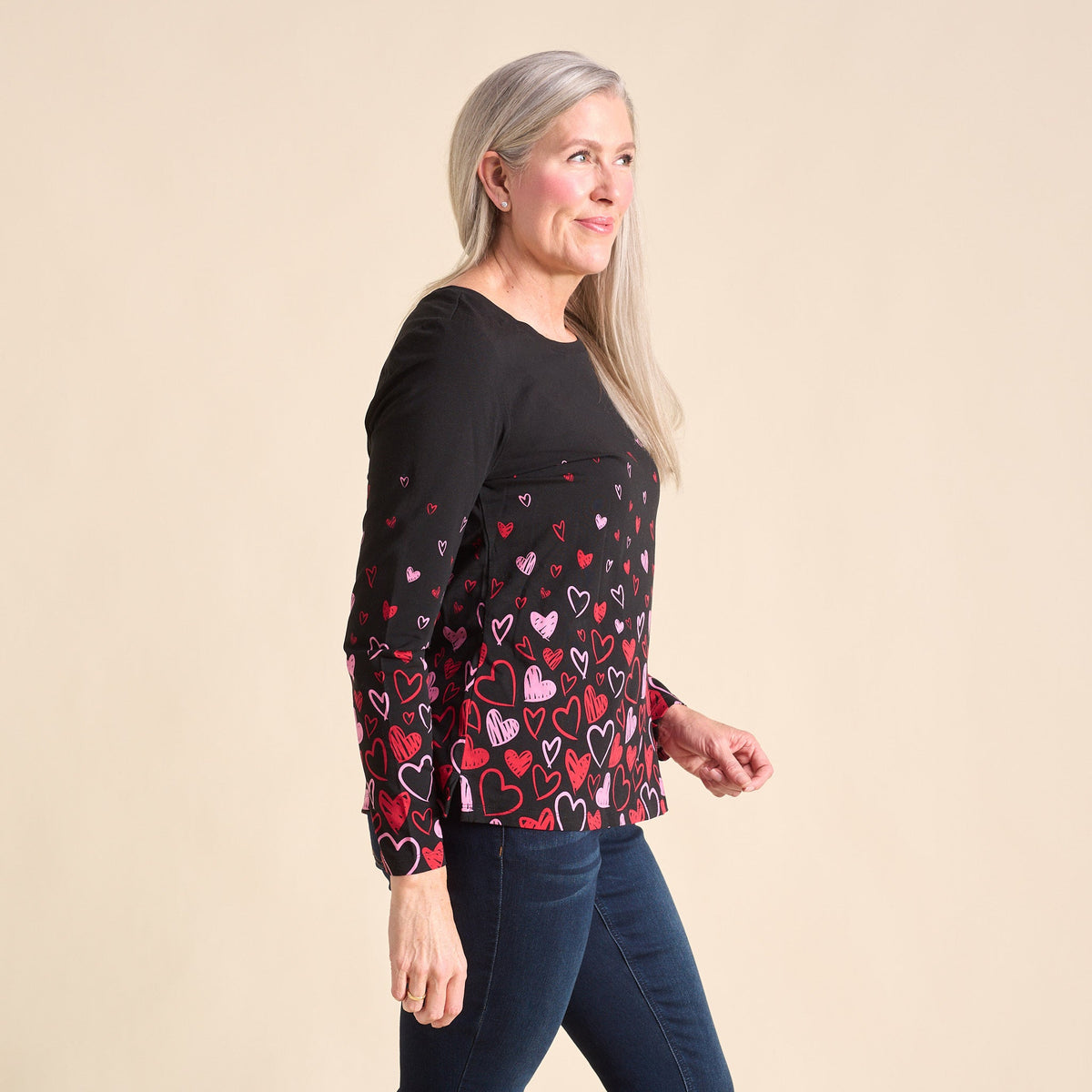 Christopher & Banks Women's Heart Print Jewel Neck Long Sleeve Tee