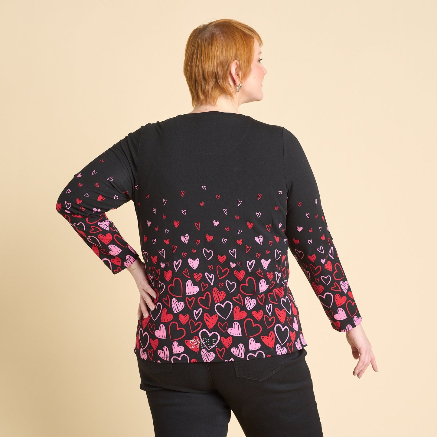 Christopher & Banks Women's Heart Print Jewel Neck Long Sleeve Tee