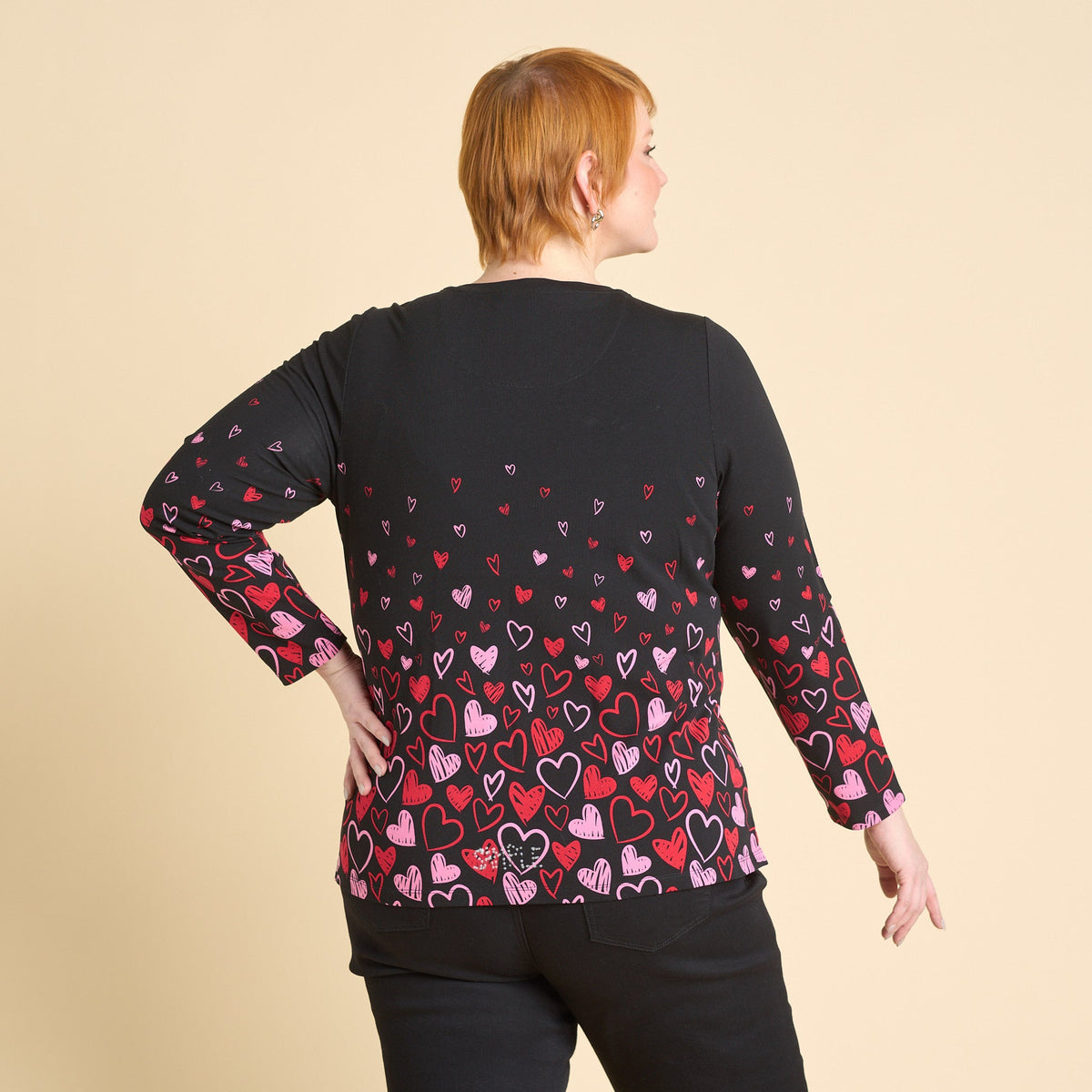 Christopher & Banks Women's Heart Print Jewel Neck Long Sleeve Tee